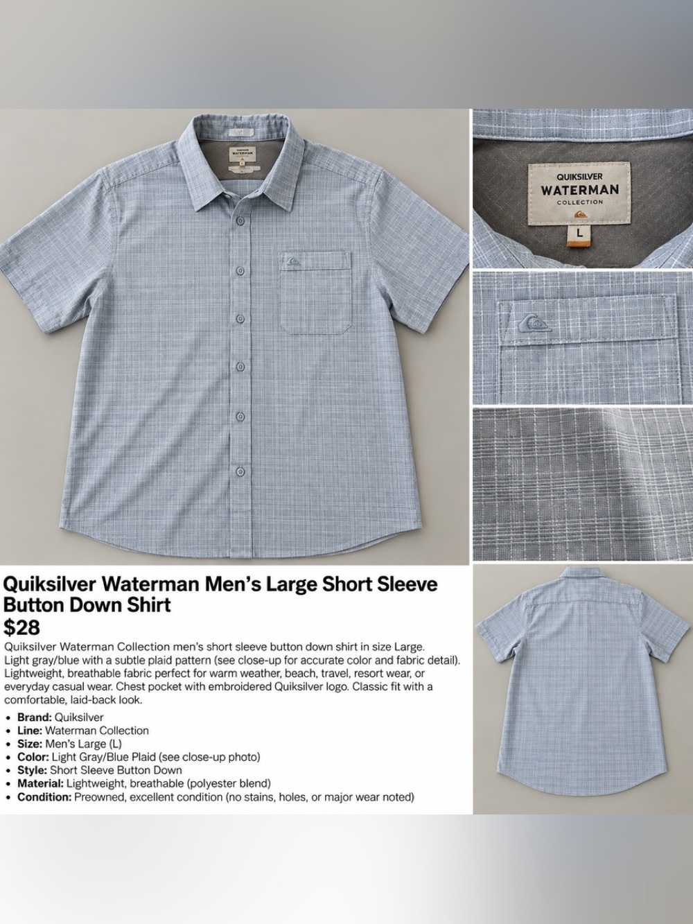 Quiksilver Waterman Men’s Large Light Blue Plaid Short Sleeve Button Down